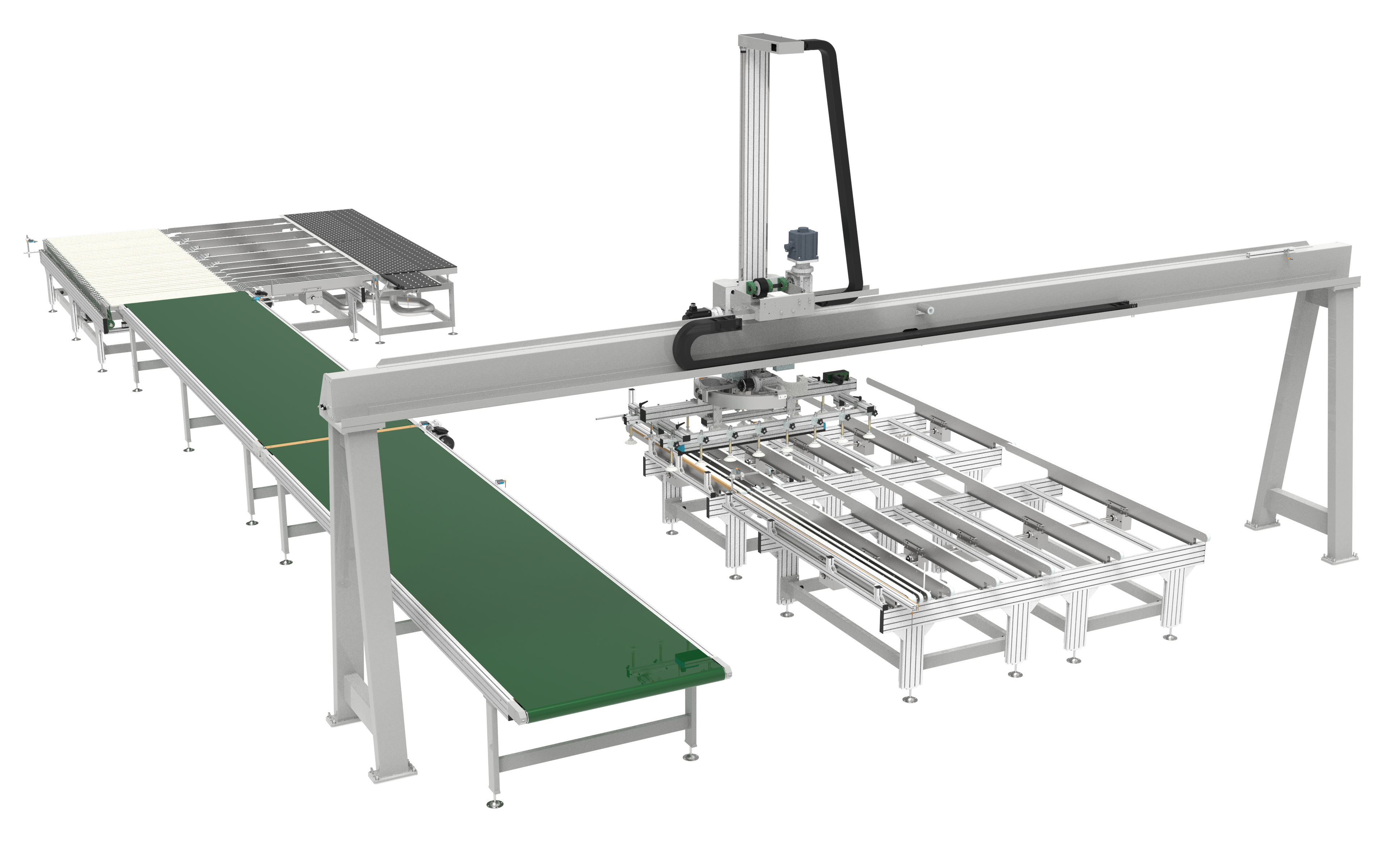 ;Riešenie zahŕňa mostový manipulátor, vhodný na spracovanie veľkých dielov. Systém dokáže diely tiež otáčať, aby sa zlepili ďalšie hrany.