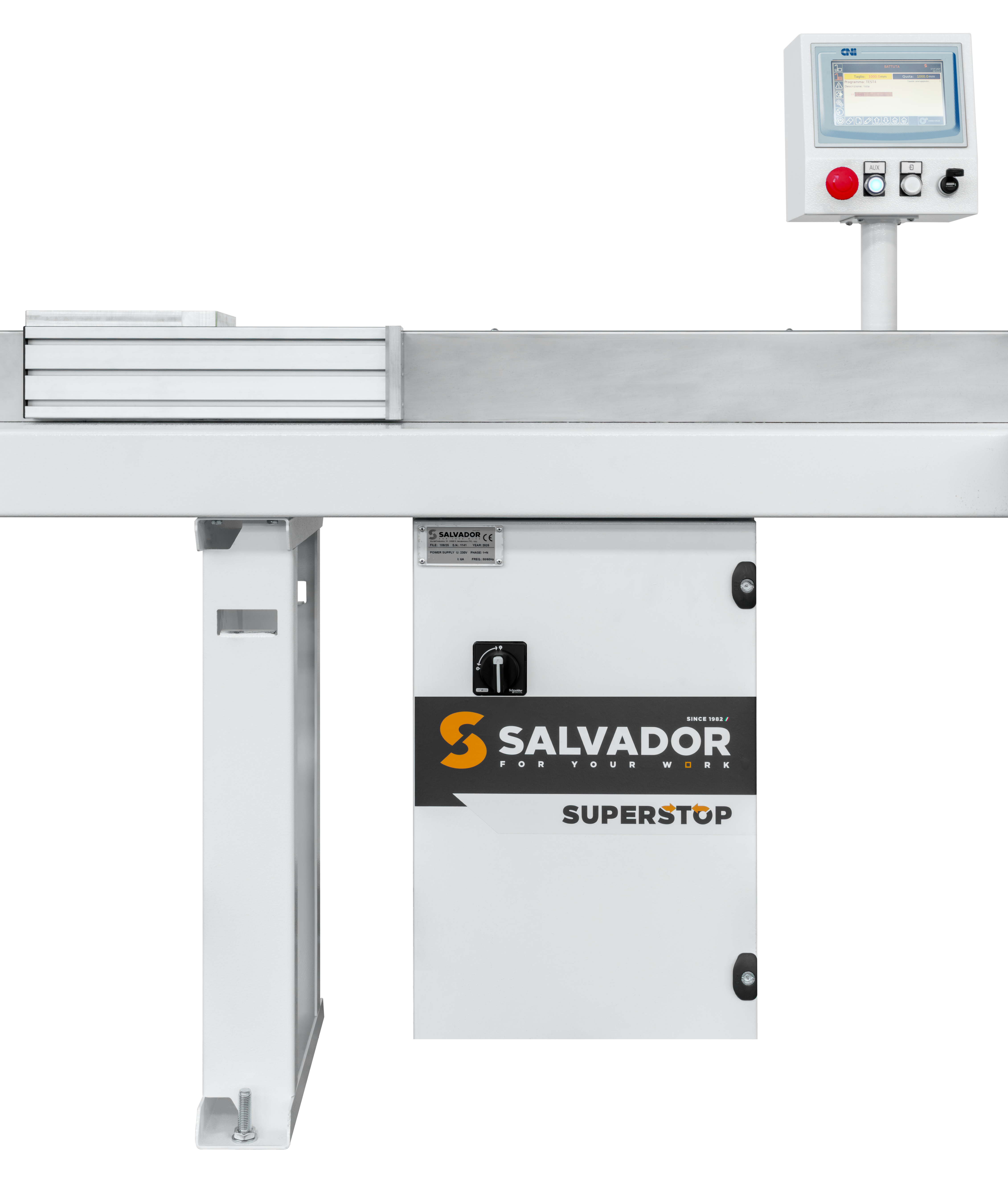 ;Superstop slúži na automatické posúvanie materiálu do reznej zóny stroja. Pomocou presného pohybu nastavuje požadovanú dĺžku materiálu pred vykonaním rezu.